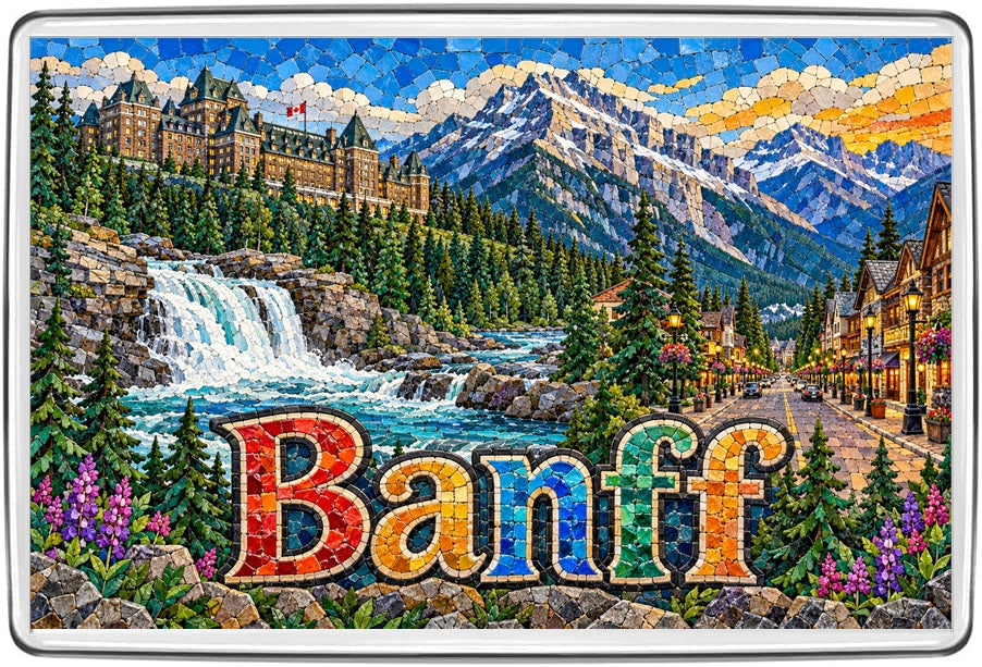 Banff mosaic fridge magnet featuring Banff Springs Hotel, Bow Falls and Rocky Mountains