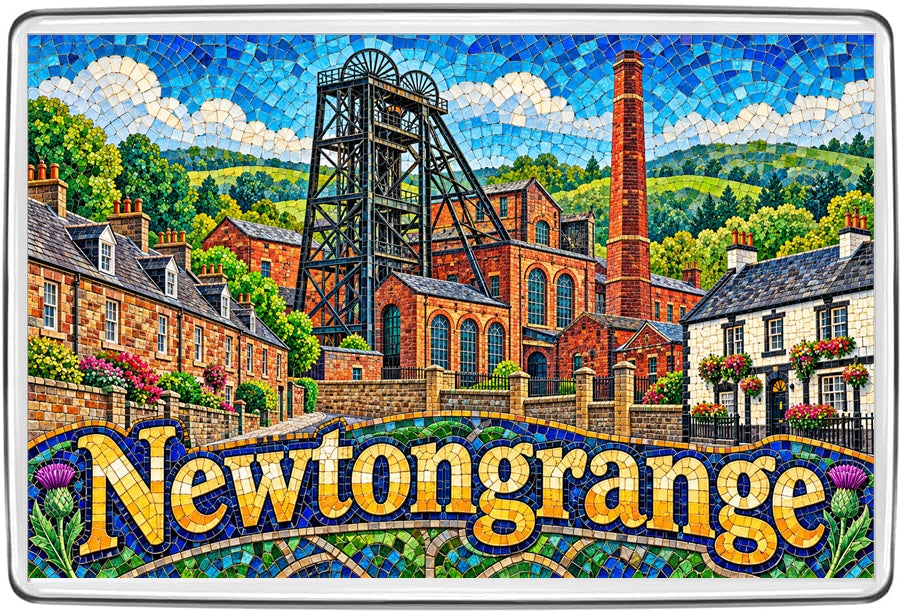 Newtongrange Midlothian mosaic fridge magnet showing historic colliery headgear and brick chimney
