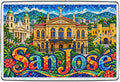 San José Costa Rica mosaic fridge magnet featuring ornate city architecture, cathedral towers and flag