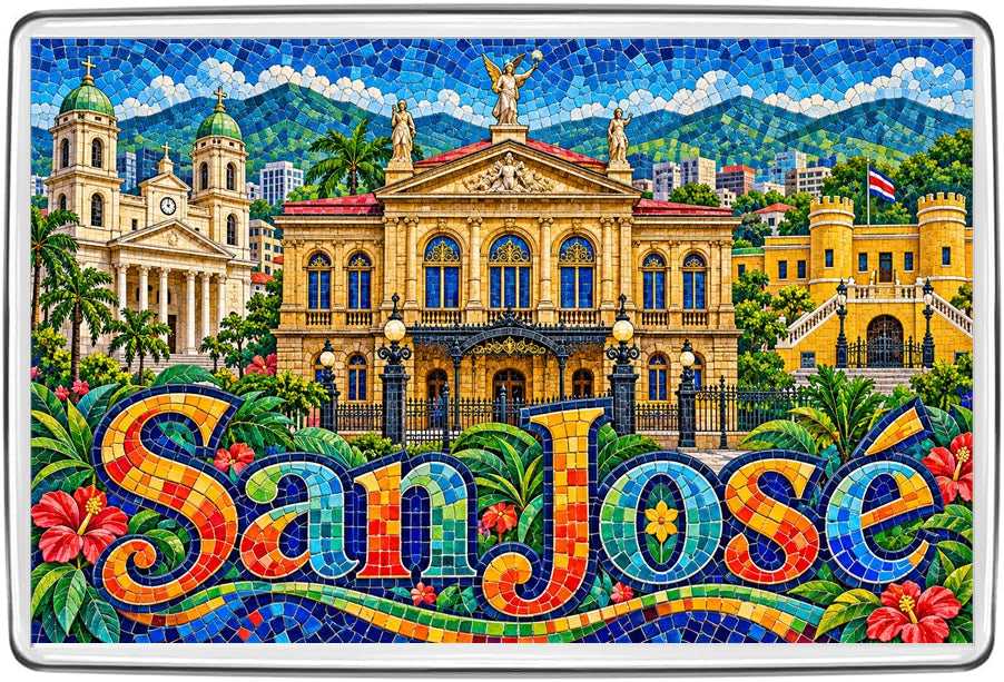 San José Costa Rica mosaic fridge magnet featuring ornate city architecture, cathedral towers and flag