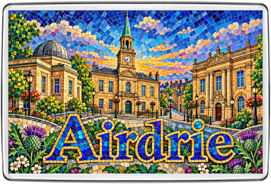 Airdrie mosaic fridge magnet featuring illustrated clock tower, sandstone buildings and thistles