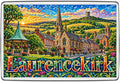 Laurencekirk mosaic fridge magnet with church clock spire, garden bandstand and town cottages