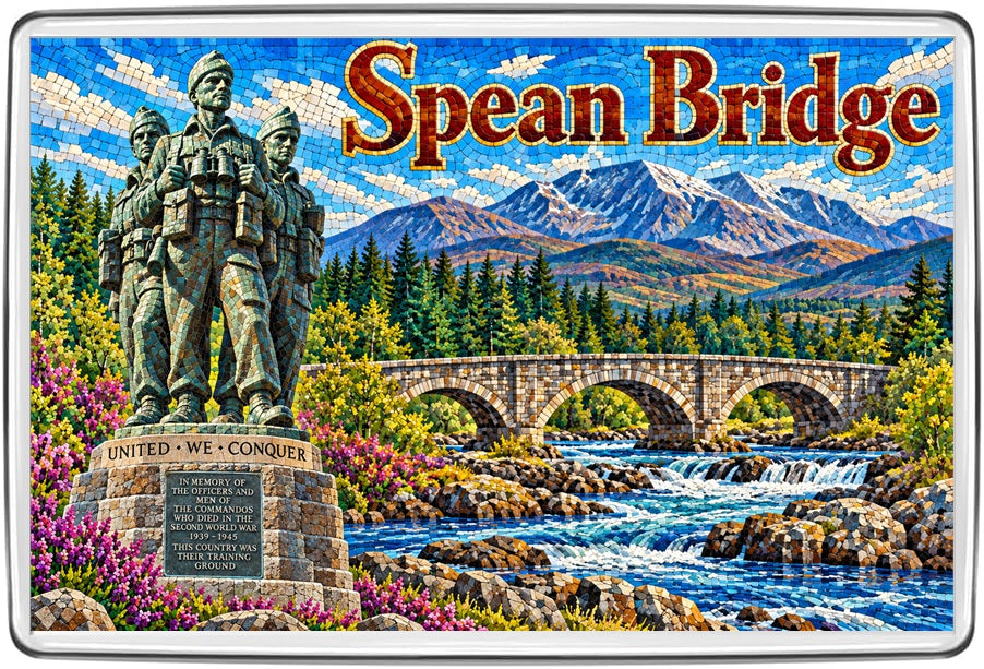 Spean Bridge mosaic fridge magnet showing Commando Memorial and arched stone bridge