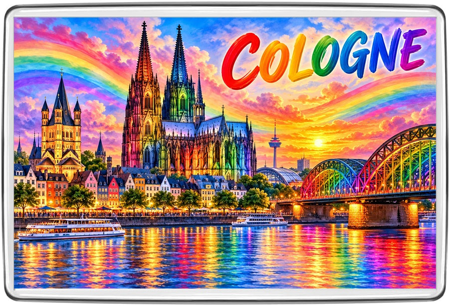 Cologne rainbow cityscape magnet with Cologne Cathedral, Rhine and Hohenzollern Bridge