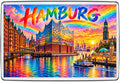 Hamburg Germany rainbow cityscape magnet showing Elbphilharmonie, canals and harbour boats