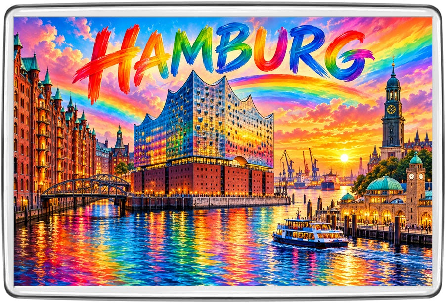 Hamburg Germany rainbow cityscape magnet showing Elbphilharmonie, canals and harbour boats