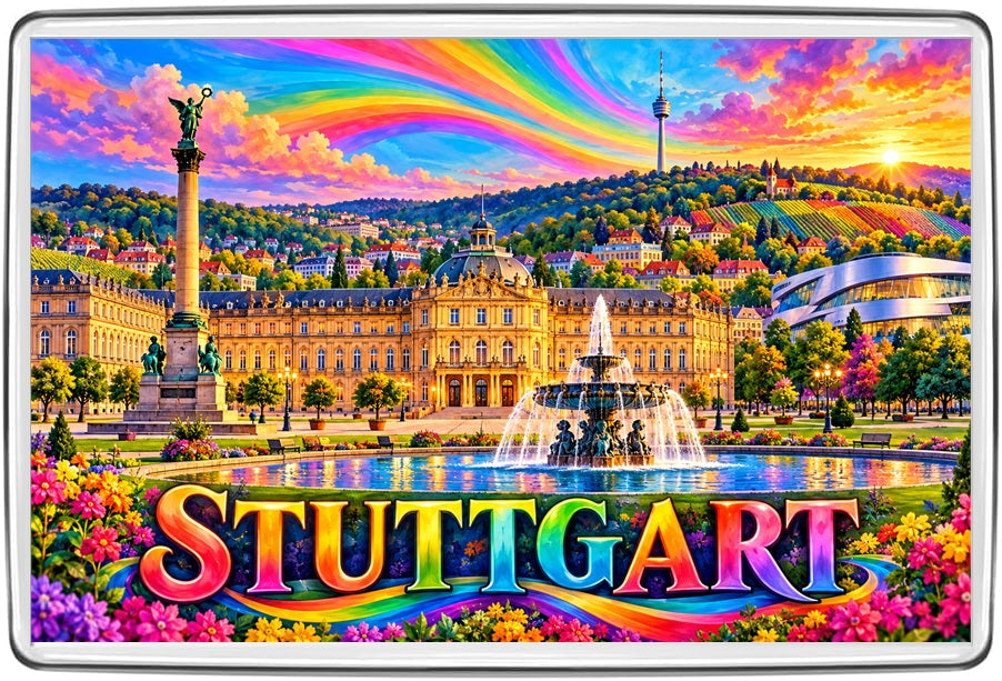 Stuttgart Germany rainbow cityscape magnet featuring Neues Schloss, Schlossplatz and fountain