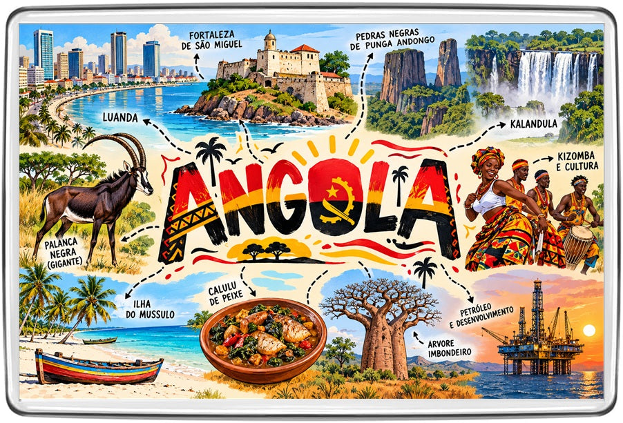 Angola illustrated map souvenir fridge magnet with scenic landmarks and cultural details