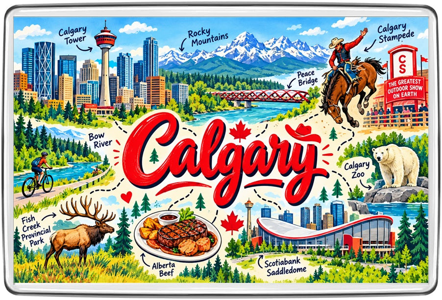 Calgary illustrated map souvenir fridge magnet with scenic landmarks and cultural details