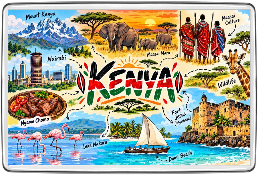 Kenya illustrated map souvenir fridge magnet featuring local landmarks, culture and scenery