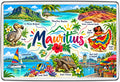 Mauritius illustrated map souvenir fridge magnet featuring local landmarks, culture and scenery