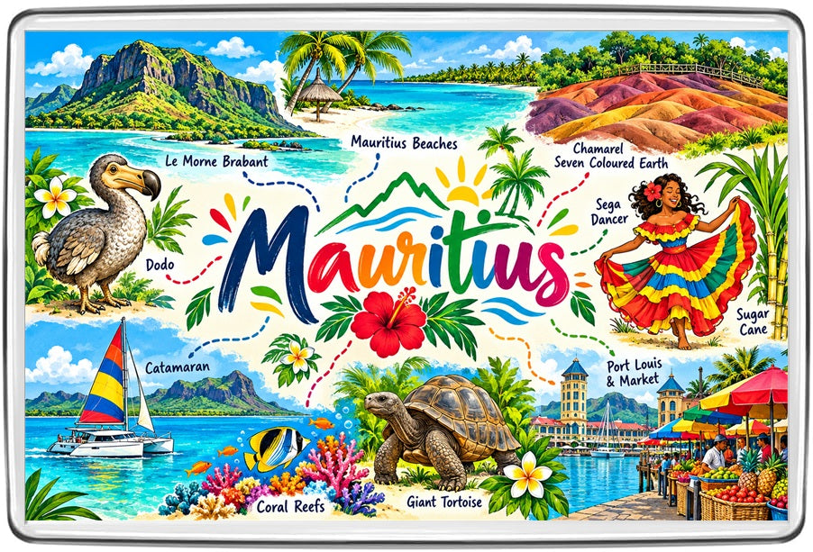 Mauritius illustrated map souvenir fridge magnet featuring local landmarks, culture and scenery
