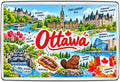 Ottawa illustrated map souvenir fridge magnet with scenic landmarks and cultural details