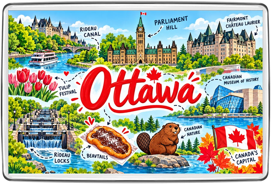 Ottawa illustrated map souvenir fridge magnet with scenic landmarks and cultural details