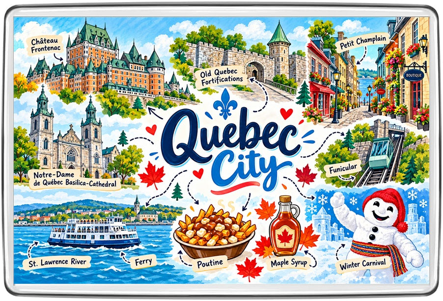 Quebec City illustrated map souvenir fridge magnet with scenic landmarks and cultural details