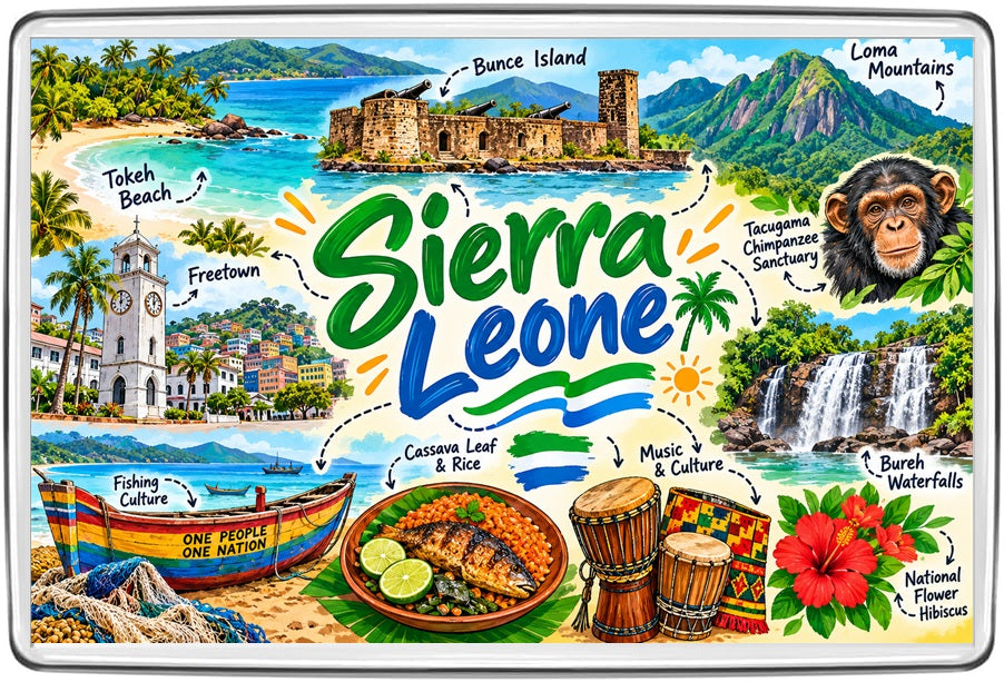 Sierra Leone illustrated map souvenir fridge magnet featuring local landmarks, culture and scenery