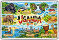 Uganda illustrated map souvenir fridge magnet with scenic landmarks and cultural details