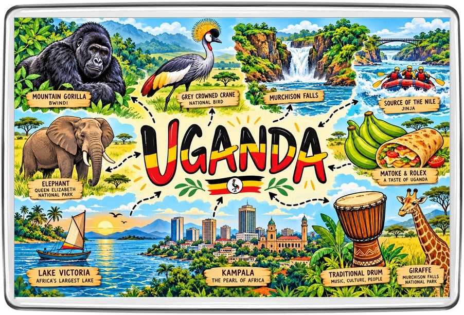 Uganda illustrated map souvenir fridge magnet with scenic landmarks and cultural details