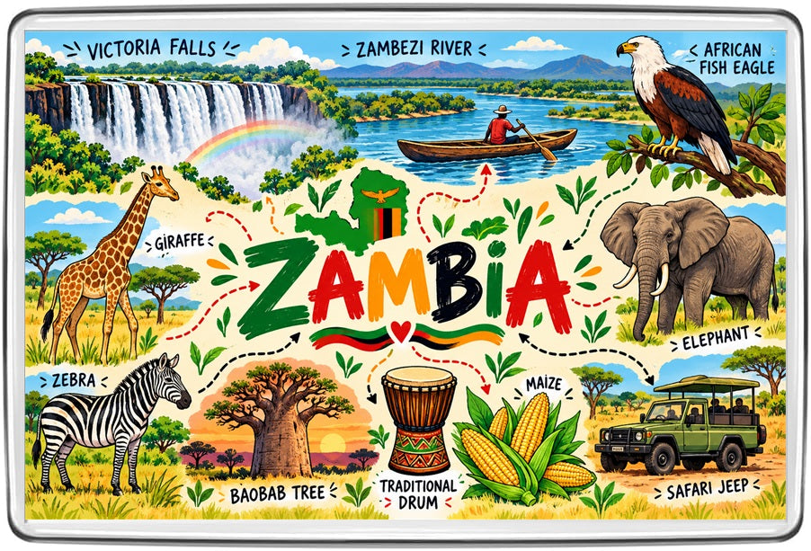 Zambia illustrated map souvenir fridge magnet with scenic landmarks and cultural details