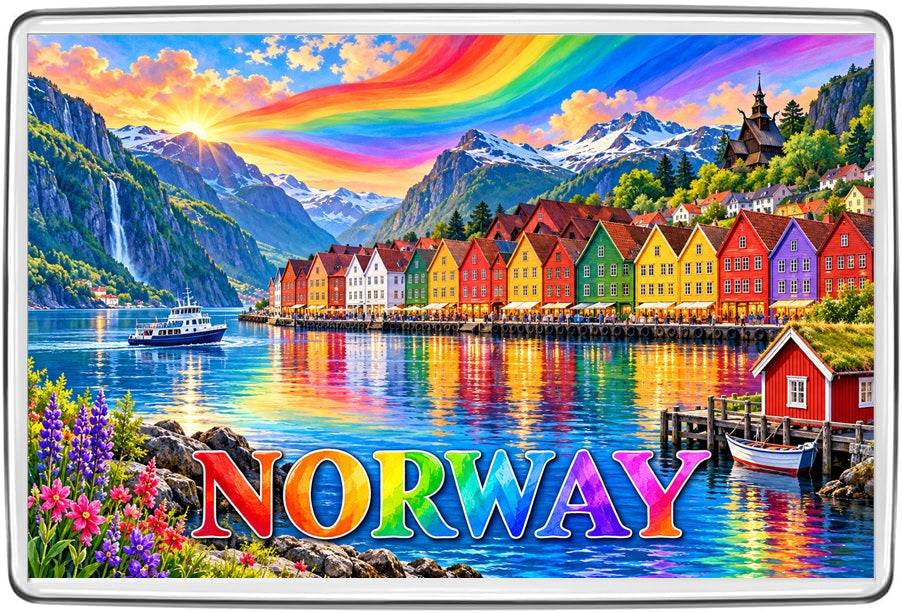 Norway – Bergen harbour panorama rainbow scenic colourful illustrated travel fridge magnet