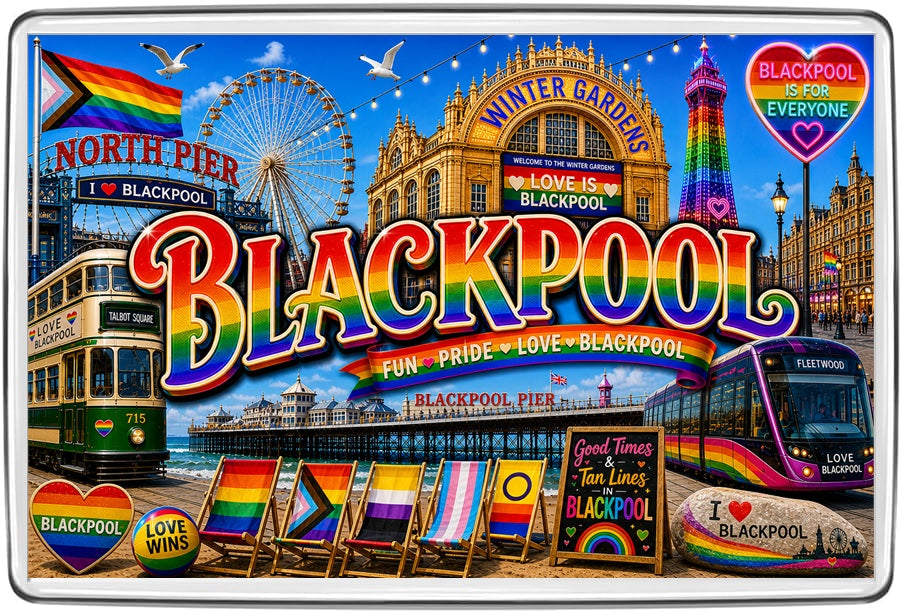Blackpool Pride fridge magnet with rainbow Tower, Winter Gardens, North Pier, trams and flags