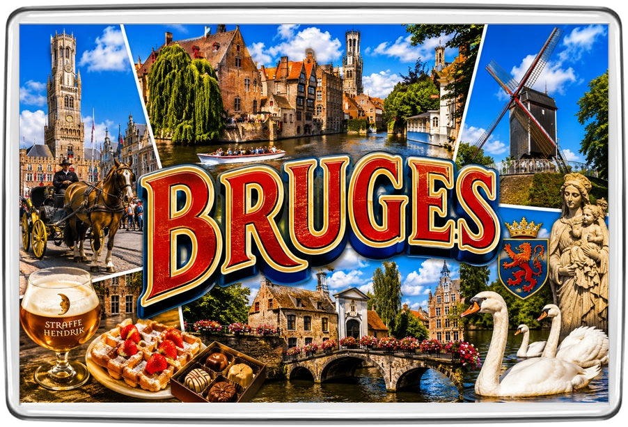 Bruges cinematic collage magnet with Belfry, scenic canals, windmill, cobbled bridges and Belgian waffles