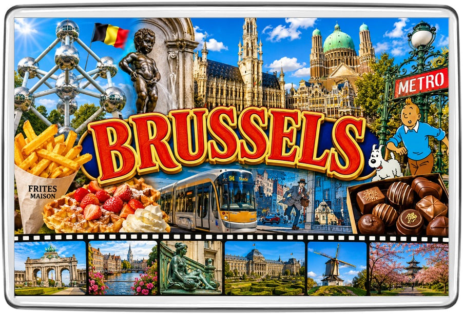 Brussels filmstrip souvenir fridge magnet with Atomium, Grand Place, Manneken Pis, waffles and chocolates