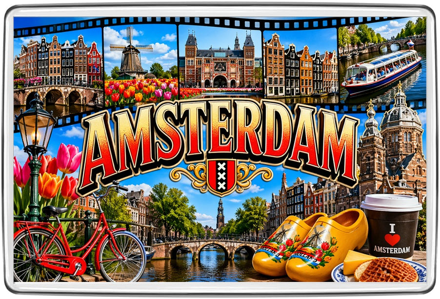 Amsterdam Netherlands Filmstrip Travel Fridge Magnet | Canals & Tulips artwork