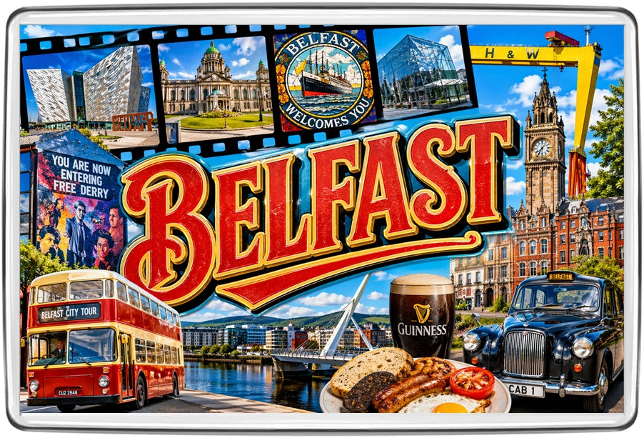 Belfast Northern Ireland Filmstrip Travel Fridge Magnet | Titanic City Hall artwork