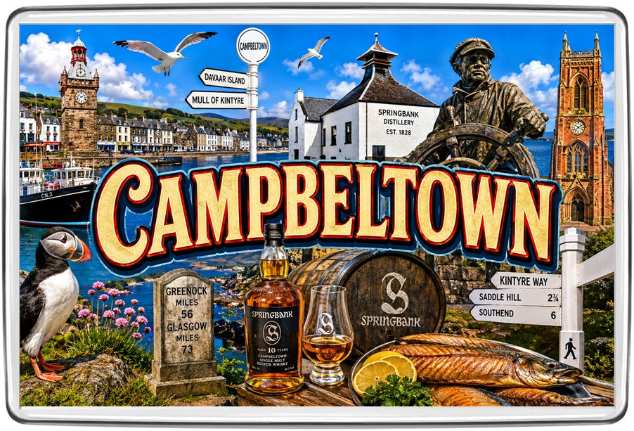 Campbeltown vintage lettering magnet with harbour, Springbank distillery, town clock and Kintyre coastline