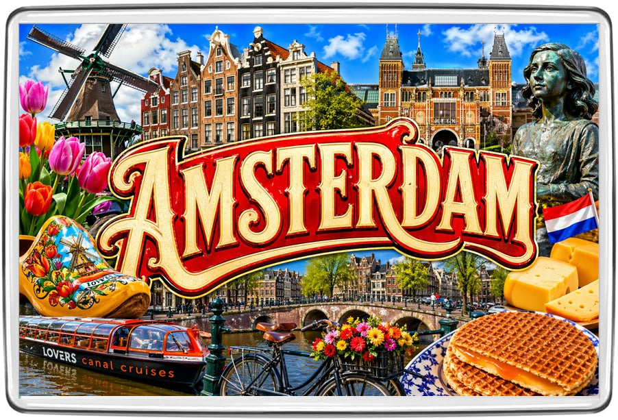 Amsterdam Dutch Heritage Vintage Lettering Collage Fridge Magnet artwork