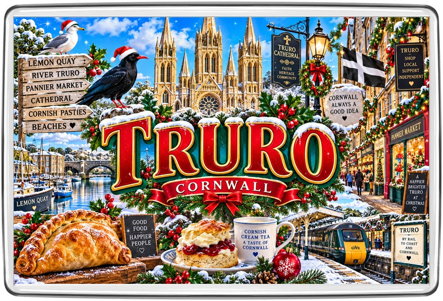 Truro Christmas Illustrated Fridge Magnet | Cornwall Festive Souvenir
