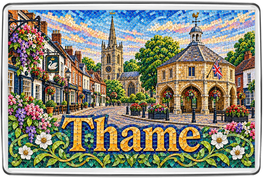 Thame mosaic fridge magnet artwork, colourful travel souvenir