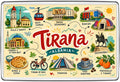 Tirana Albania illustrated map magnet with Skanderbeg Square, Clock Tower, Dajti cable car, Bunk Art and Pyramid