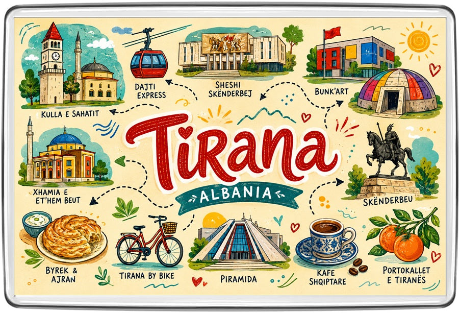 Tirana Albania illustrated map magnet with Skanderbeg Square, Clock Tower, Dajti cable car, Bunk Art and Pyramid