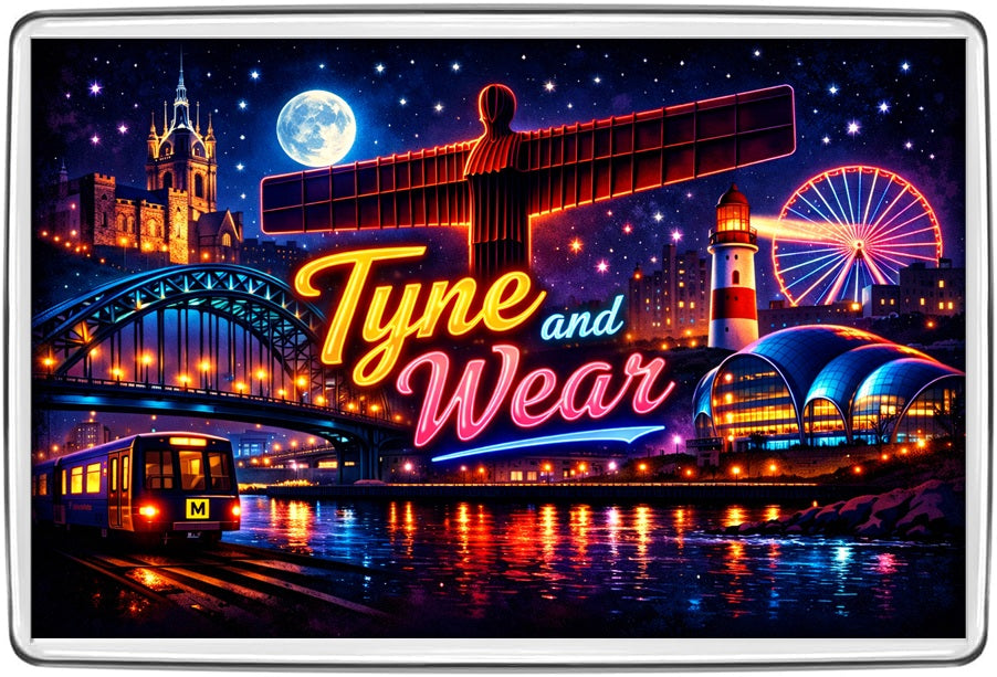Tyne and Wear neon-style fridge magnet with Angel of the North, Tyne Bridge and Metro