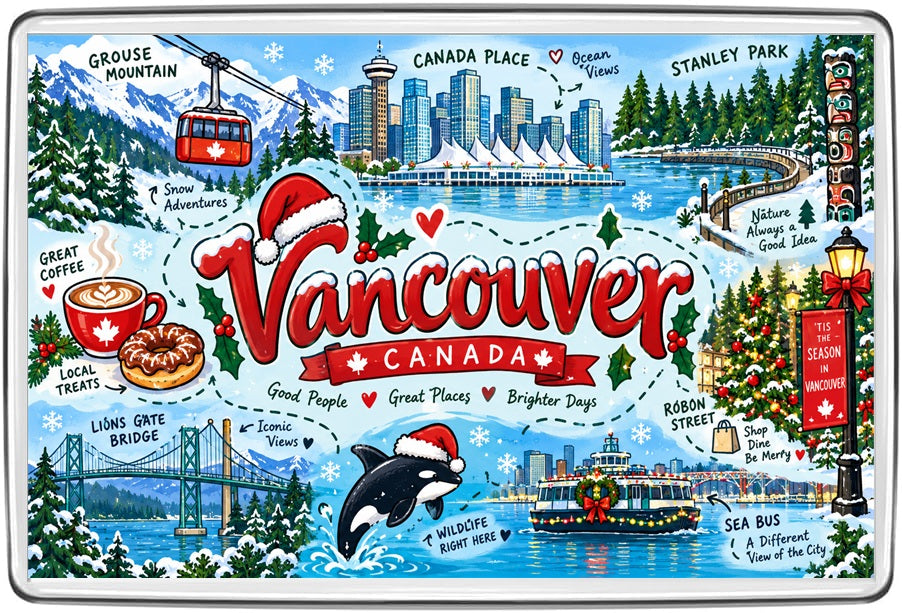 Vancouver Canada Christmas illustrated map magnet with Grouse Mountain, Canada Place, Stanley Park, Lions Gate Bridge, SeaBus and orca