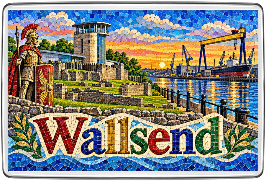 Wallsend mosaic fridge magnet artwork, colourful travel souvenir