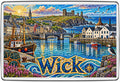 Colourful Wick Caithness mosaic fridge magnet artwork showing a fishing harbour, boats, coastal ruins and seabirds