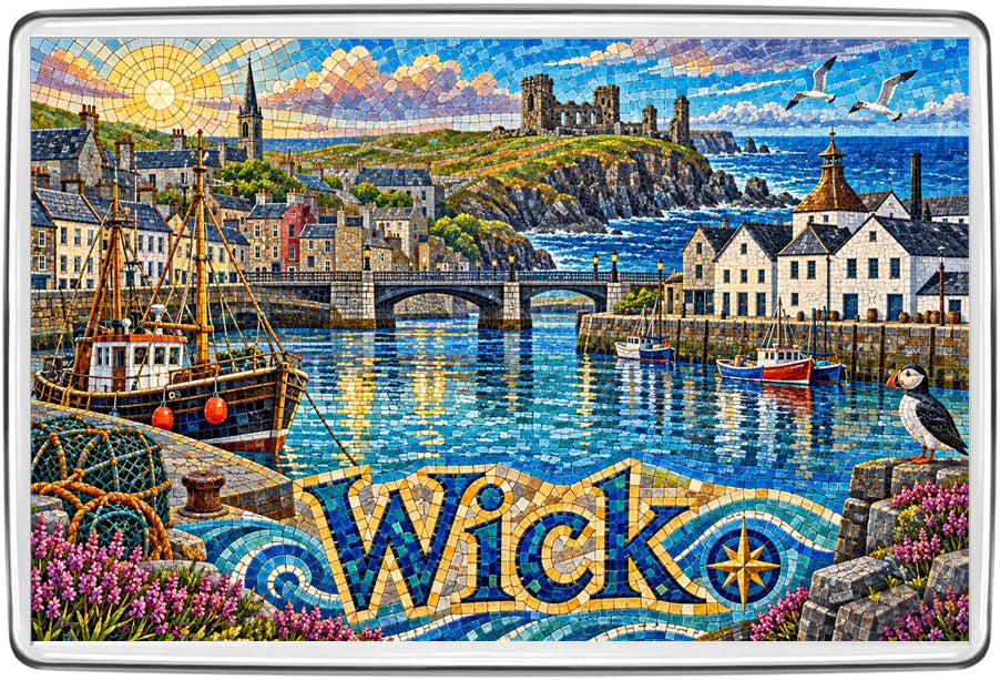 Colourful Wick Caithness mosaic fridge magnet artwork showing a fishing harbour, boats, coastal ruins and seabirds
