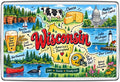 Wisconsin illustrated map fridge magnet featuring its famous landmarks, scenery and local symbols
