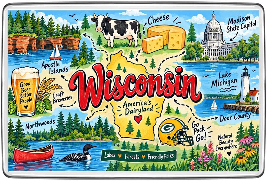 Wisconsin illustrated map fridge magnet featuring its famous landmarks, scenery and local symbols